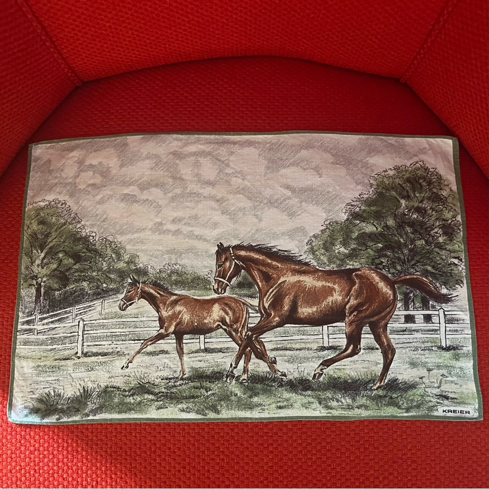 Vintage Linen Kreier Equestrian Horse Print Watercolor Wall Art Decor Placemat